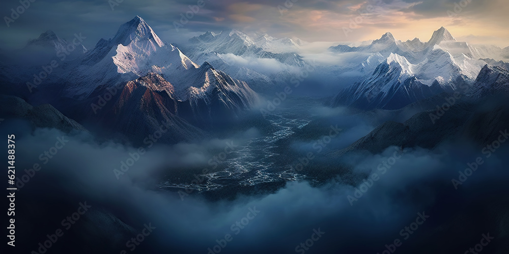 Dramatic snow-capped mountains landscape. Clouds and fog covers stone slopes. Generative AI