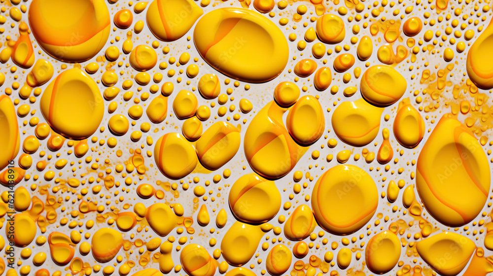 Abstract yellow paint drops mixed in white oil background. Non-mixing fluids pattern. Generative AI