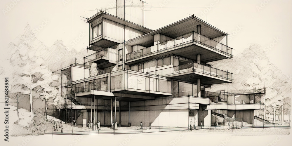 Detailed pencil sketch of modern suburban house. Abstract imaginary building concept. Generative AI