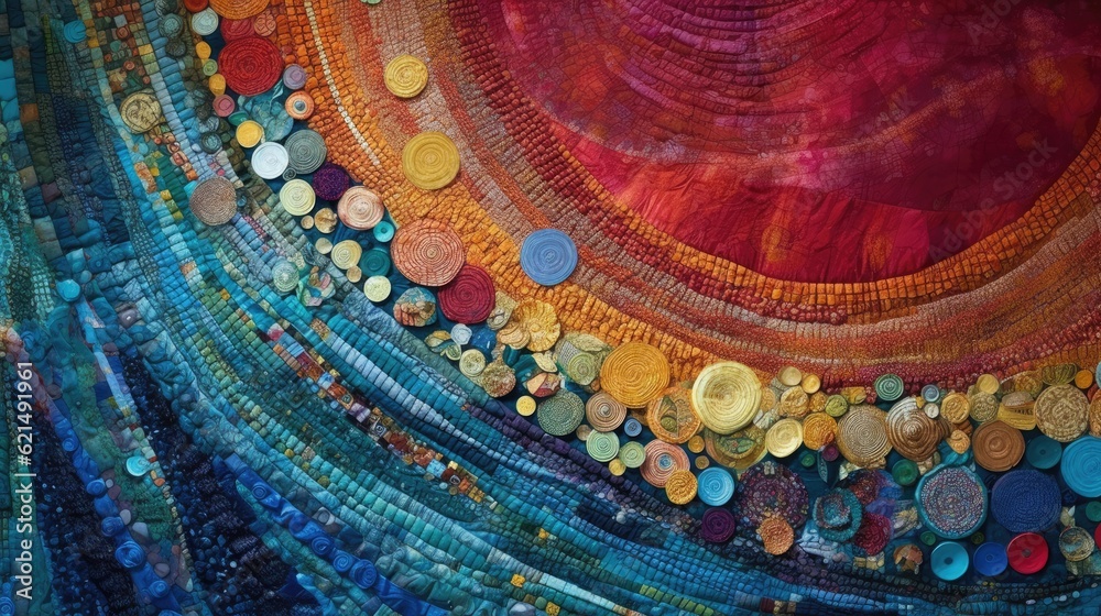 Colorful tapestry embroidery style carpet surface close up. Abstract multicolored background.