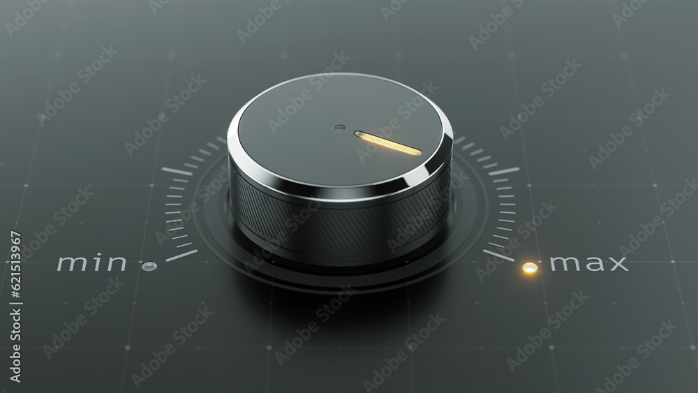 Knob turned to max position. Concept of high level performance. 3d rendering