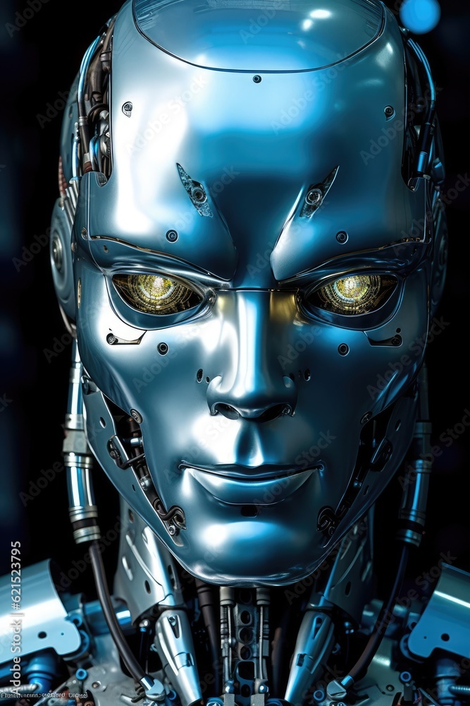 Metal humanoid robots face. Generative AI