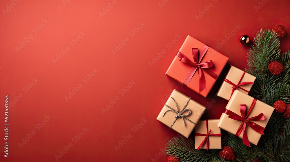 Christmas Day, Top view of Christmas background with gift boxes, fir tree branches, clews of rope, p