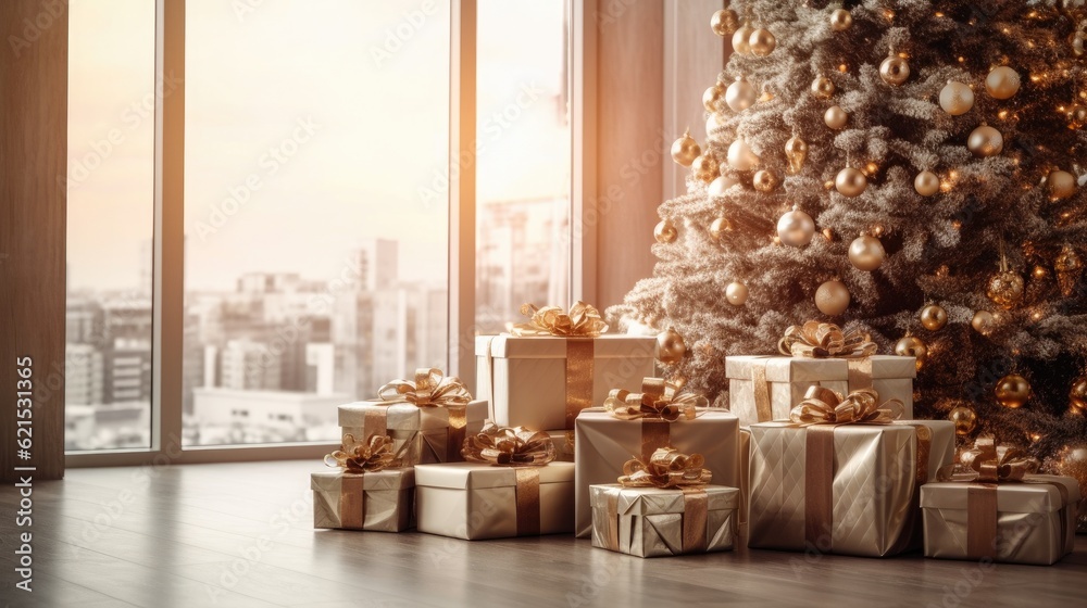 Christmas Day, Christmas gift boxes on floor near fir tree in room white background. copy space. Gen