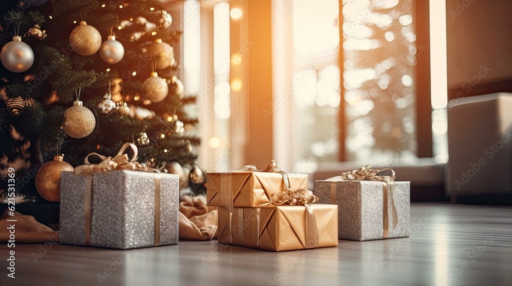 Christmas Day, Christmas gift boxes on floor near fir tree in room white background. copy space. Gen