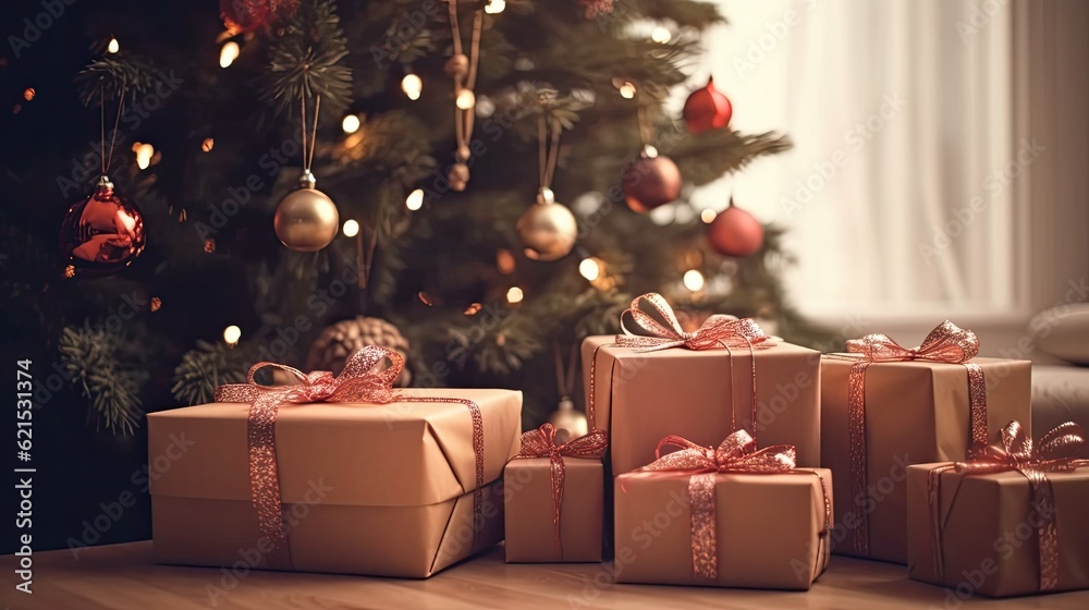 Christmas Day, Christmas gift boxes on floor near fir tree in room white background. copy space. Gen