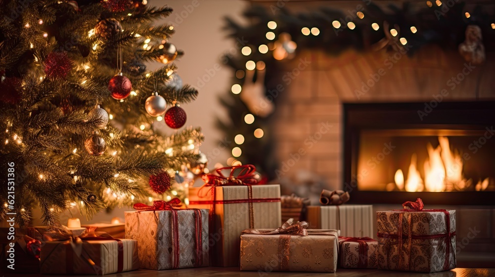 Christmas Day, Christmas presents on wooden table decorated fir tree and fire place, copy space back