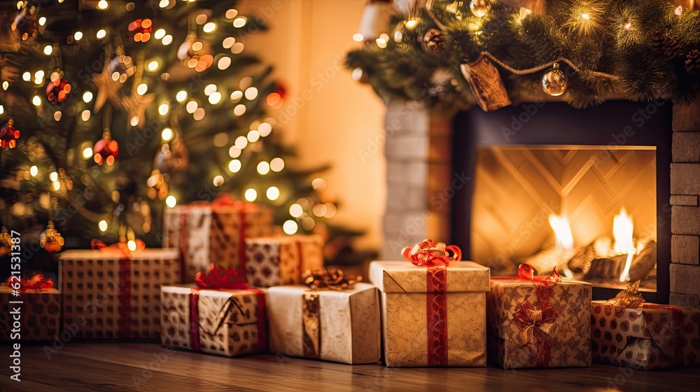 Christmas Day, Christmas presents on wooden table decorated fir tree and fire place, copy space back