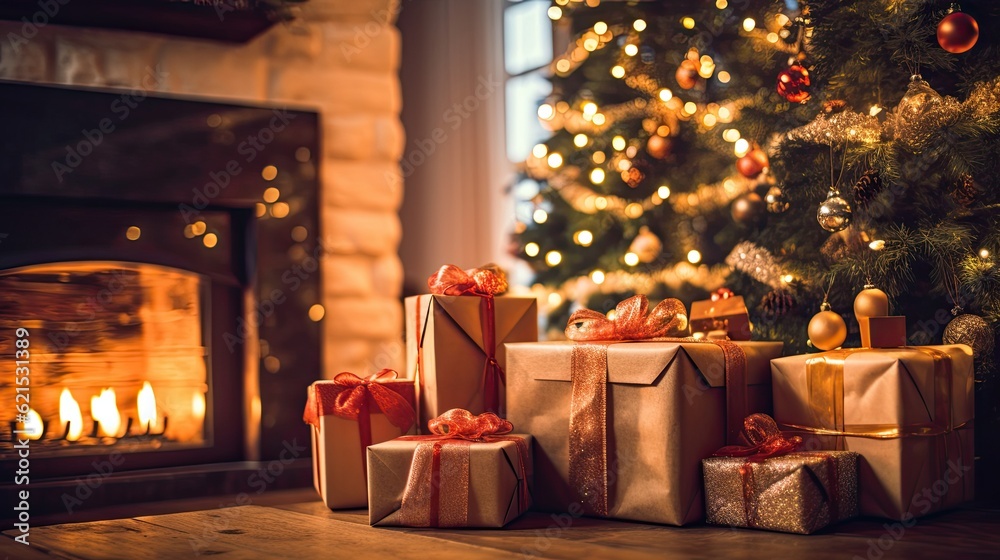 Christmas Day, Christmas presents on wooden table decorated fir tree and fire place, copy space back