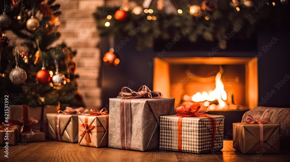 Christmas Day, Christmas presents on wooden table decorated fir tree and fire place, copy space back