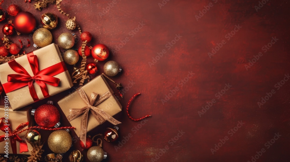 Christmas Day, Top view of Christmas gift boxes and fir tree branches on red background, copy space.