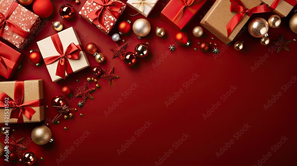 Christmas Day, Top view of Christmas gift boxes and fir tree branches on red background, copy space.