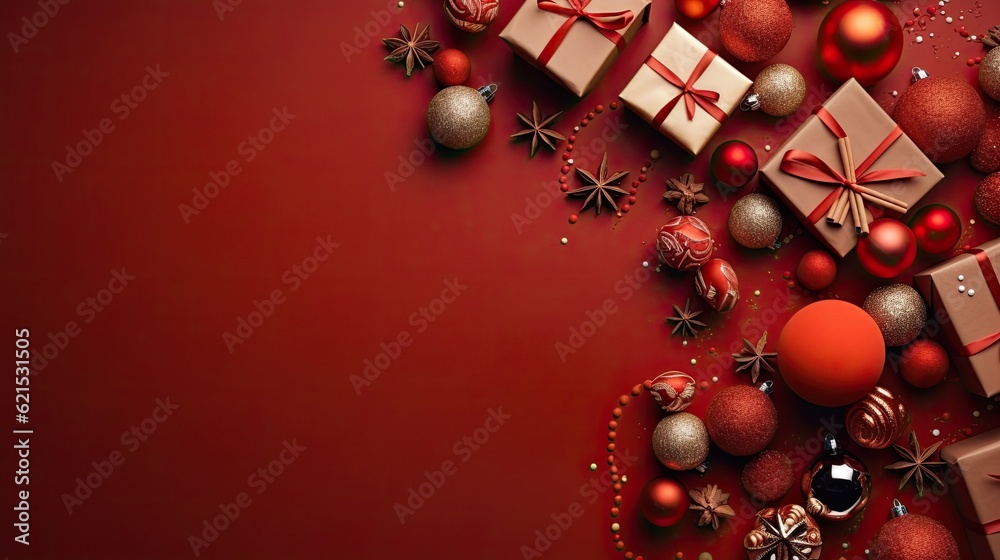 Christmas Day, Top view of Christmas gift boxes and fir tree branches on red background, copy space.