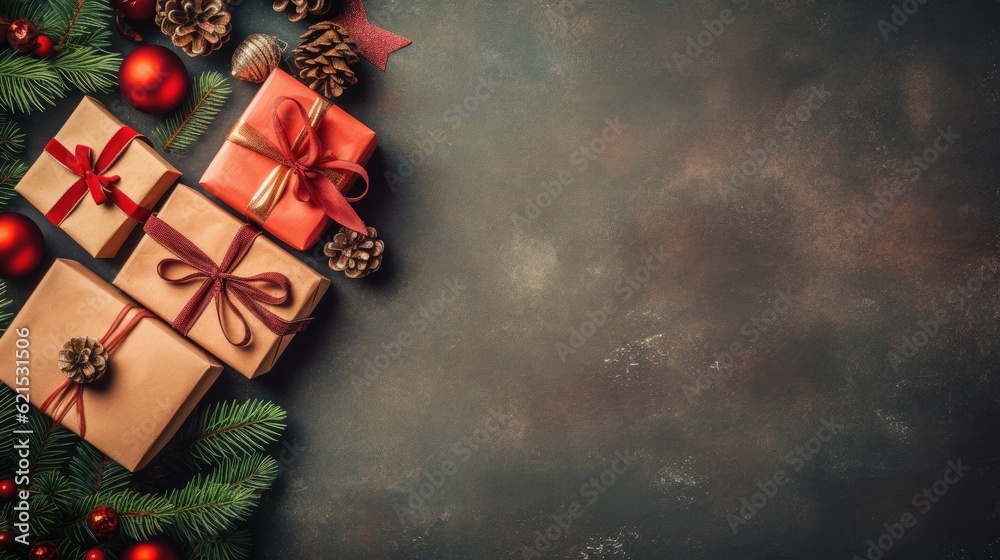 Christmas Day, Top view of Christmas background with gift boxes, fir tree branches, clews of rope, p