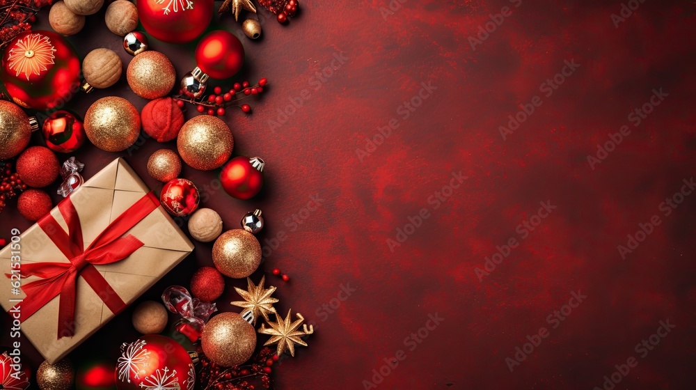 Christmas Day, Top view of Christmas gift boxes and fir tree branches on red background, copy space.