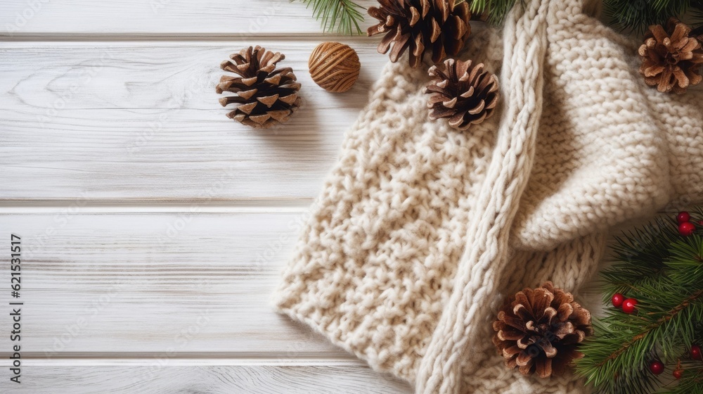 Christmas Day, Top view of Christmas composition. Christmas gift, knitted blanket, pine cones, fir b