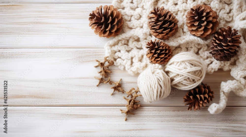 Christmas Day, Top view of Christmas composition. Christmas gift, knitted blanket, pine cones, fir b