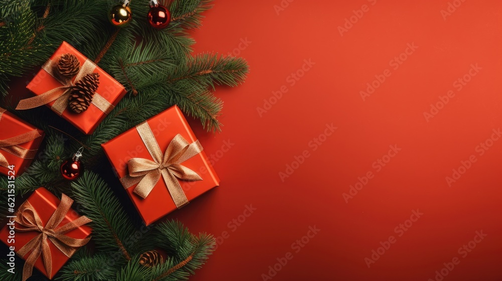 Christmas Day, Top view of Christmas background with gift boxes, fir tree branches, clews of rope, p