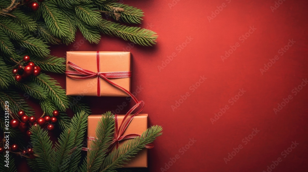 Christmas Day, Top view of Christmas background with gift boxes, fir tree branches, clews of rope, p