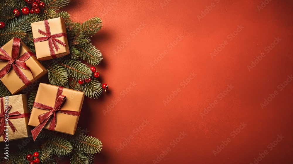 Christmas Day, Top view of Christmas background with gift boxes, fir tree branches, clews of rope, p