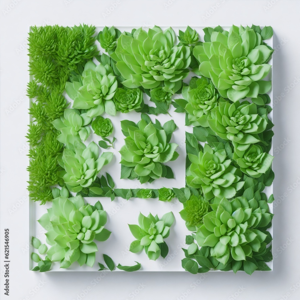 Frame of green succulent plants on white wall Beautiul bright green crassula succulents on white.