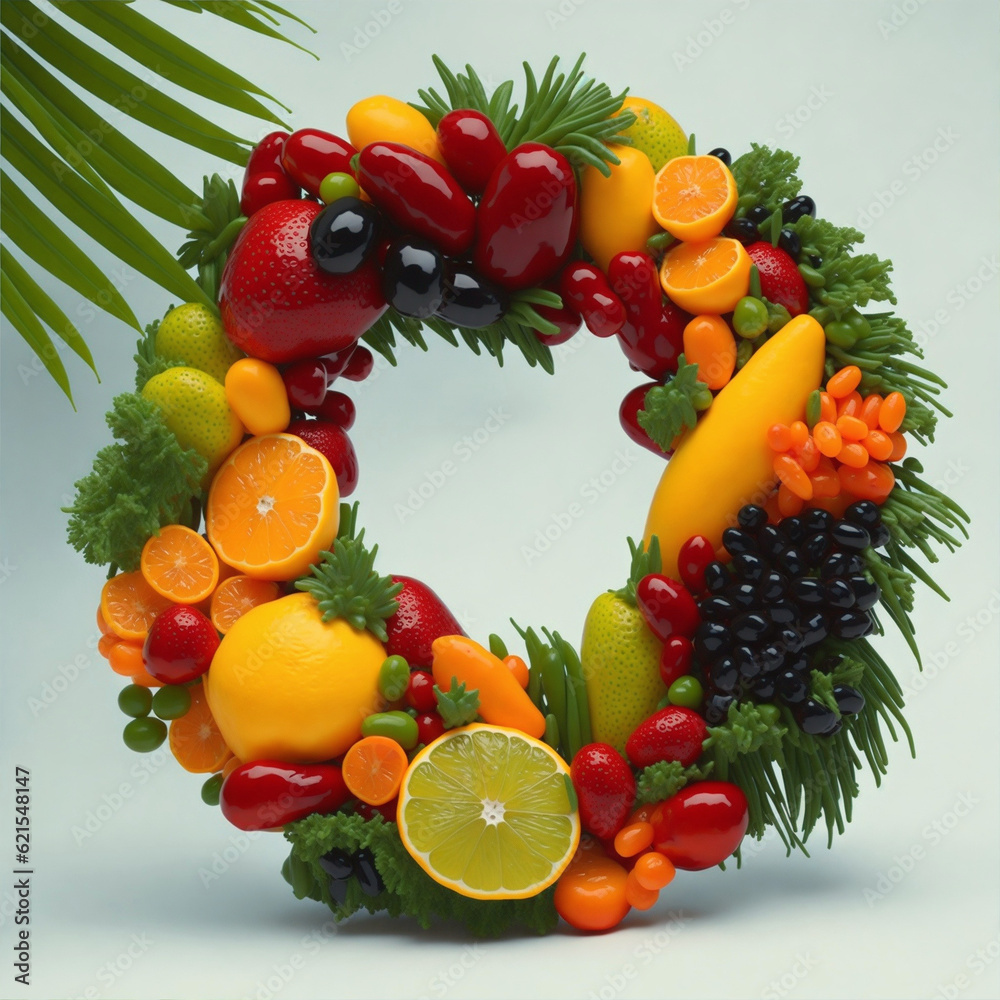 Decorative wreath made of shiny fruits, succulents leaves, and greenery. Arrangement of tropical and