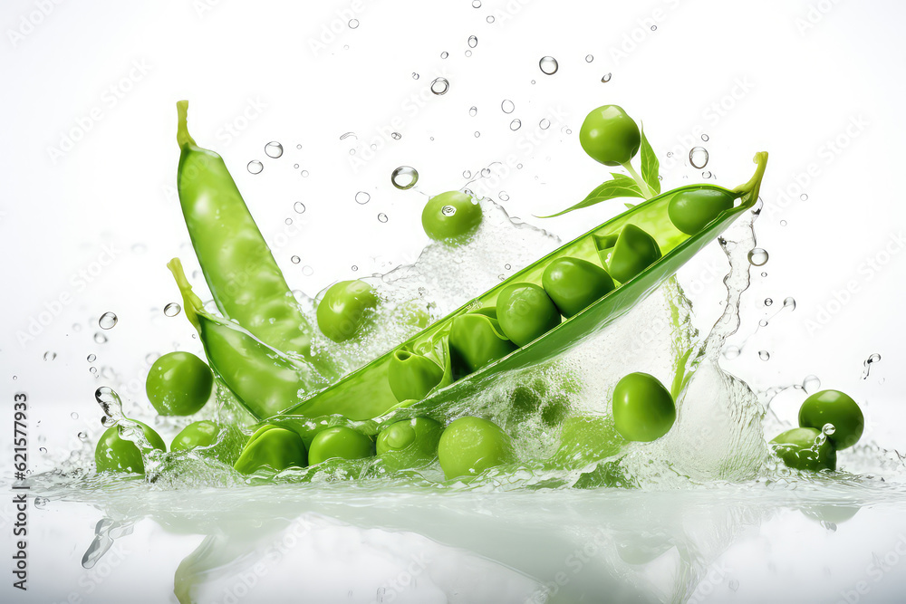 fresh peas falling in pure water on white background. (ai generated)