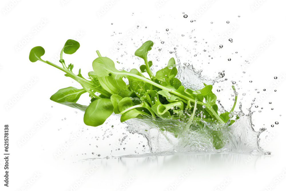 Flying Salad Leaves isolated on white background. Fresh mixed salad with arugula, lettuce, spinach a