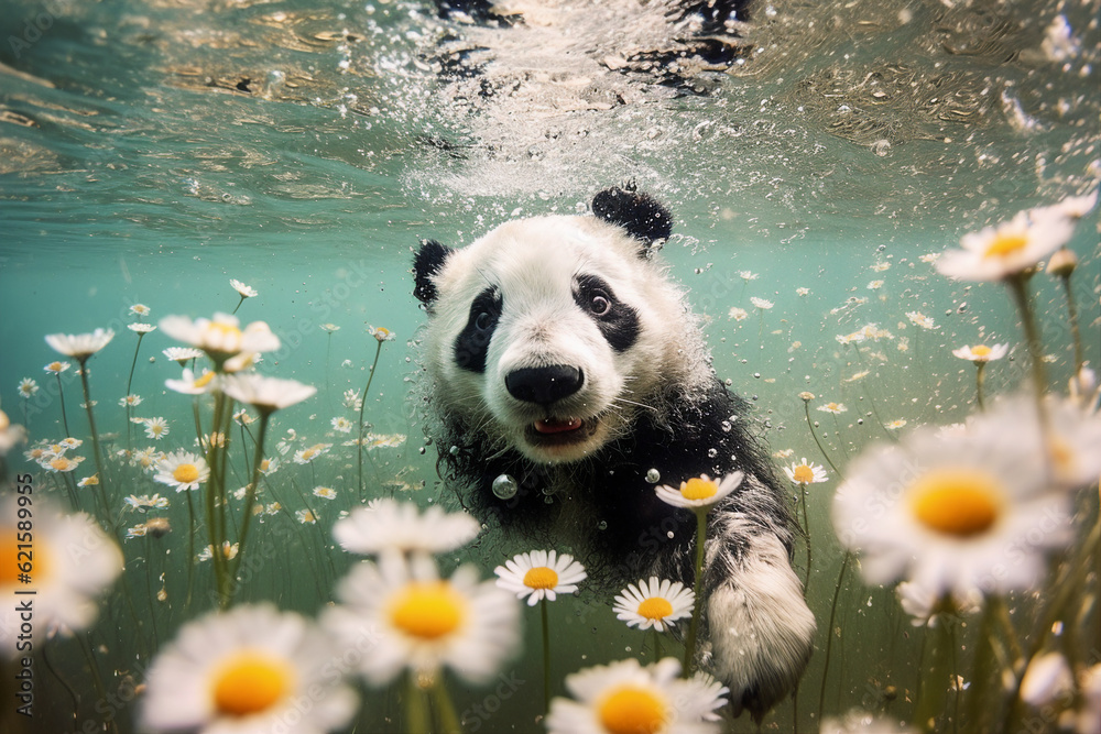 Template collage generated by ai painting cute funny panda diving in water for tasty chamomile flowe