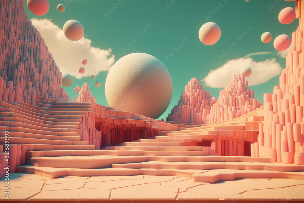 Realistic artwork collage generated by ai of cosmic planet scenery magical world with geometry shape