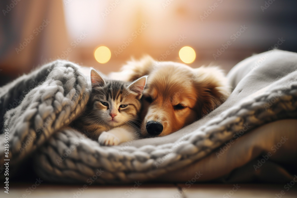 Visual develop collage generated by ai picture of two pets tabby cat golden retriever puppy sleeping