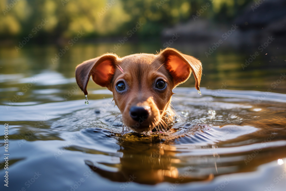 Template collage generated ai image of cute adorable puppy swimming in pond lake enjoy rural woods v