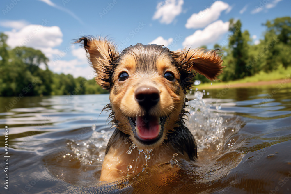 Generative ai collage of adorable puppy have fun leisure on summer vacation swimming river to his ow