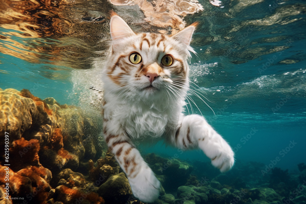 template collage generated by ai of fluffy cute adorable kitty have summer vacation swimming in exot