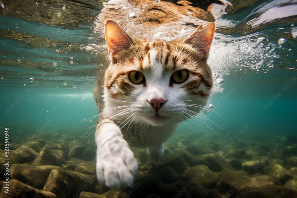 template collage generated by ai of cute white red cat swimming in river underwater hunting for fish