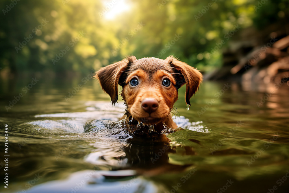 Template collage generated by ai of funny cute puppy swimming in river water on rural summer vacatio