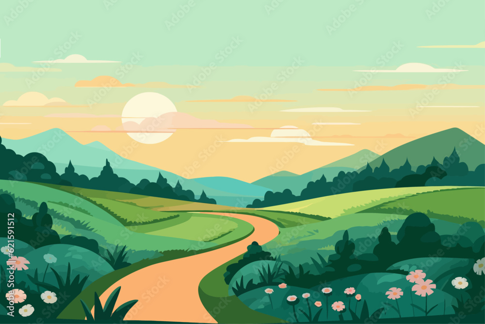 Road through a green field landscape scene at sunset, colorful summer vector illustration