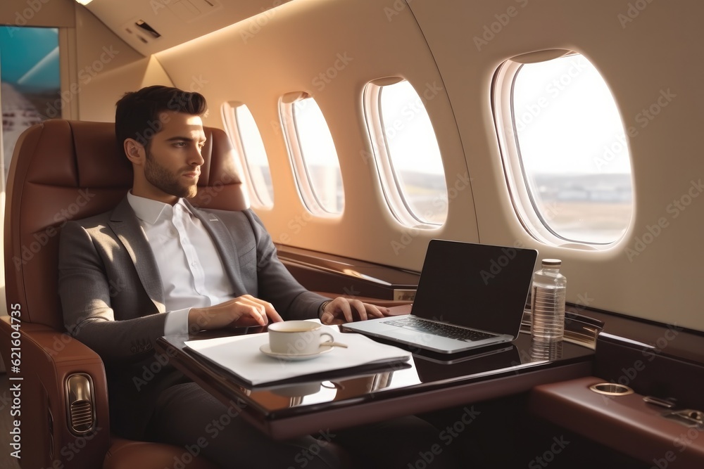 Pensive businessman in plane with laptop during business trip.