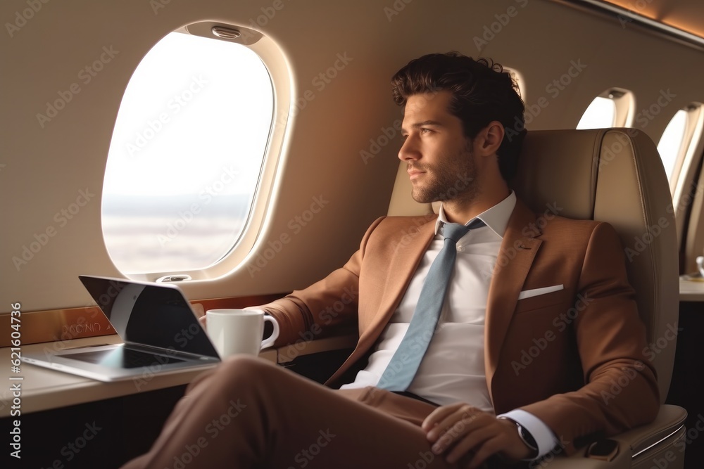 Pensive businessman in plane with laptop during business trip.