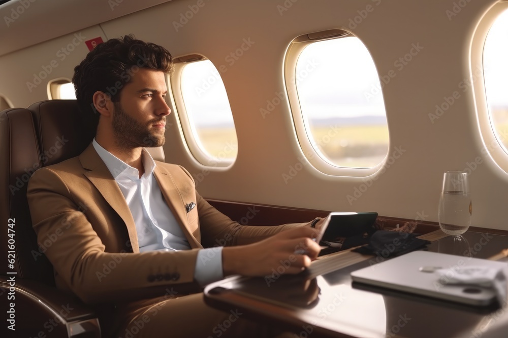 Pensive businessman in plane with laptop during business trip.