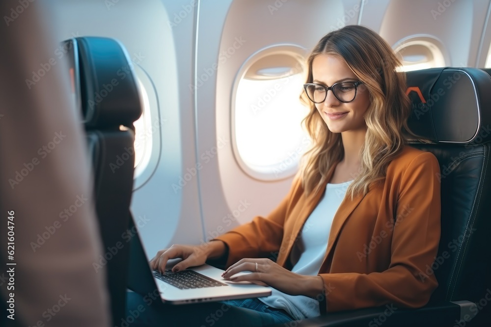 Pretty young business woman working on laptop computer while sitting in airplane, Traveling and tech