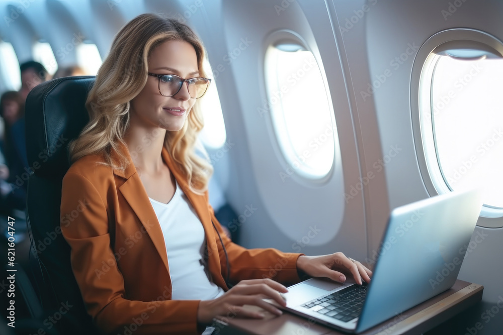 Pretty young business woman working on laptop computer while sitting in airplane, Traveling and tech