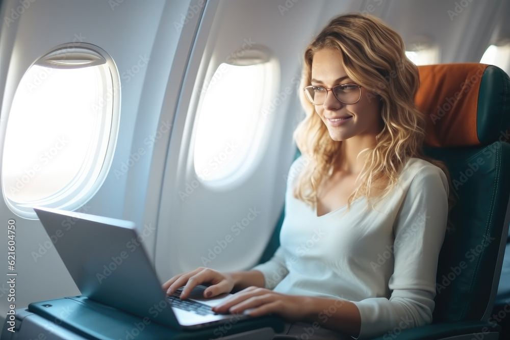 Pretty young business woman working on laptop computer while sitting in airplane, Traveling and tech