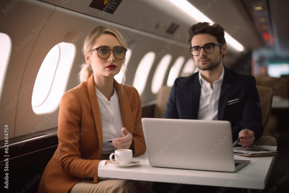 Confident business people in corporate working with laptop in airplane jet.