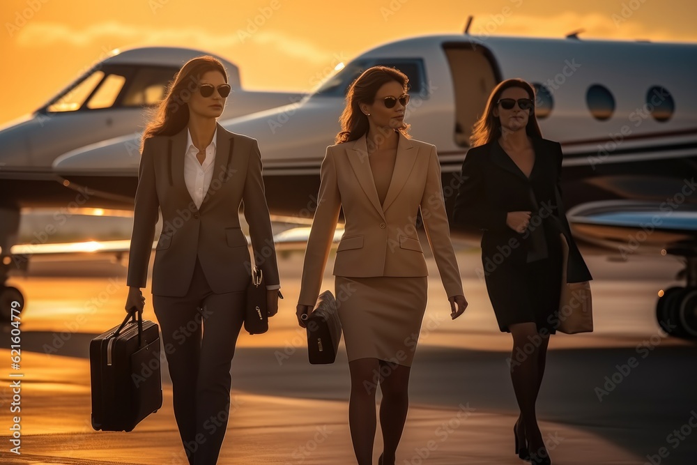 Businesswoman walking from a private jet, Team walk through the airport.