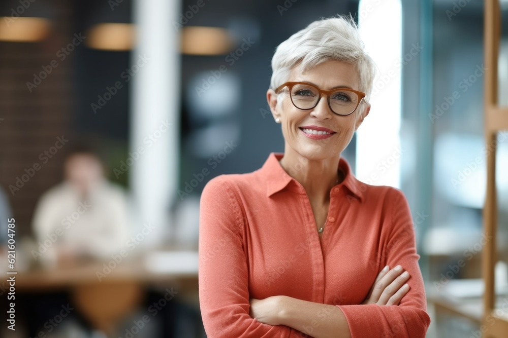 Confident senior business woman standing with crossed hands in financial building.