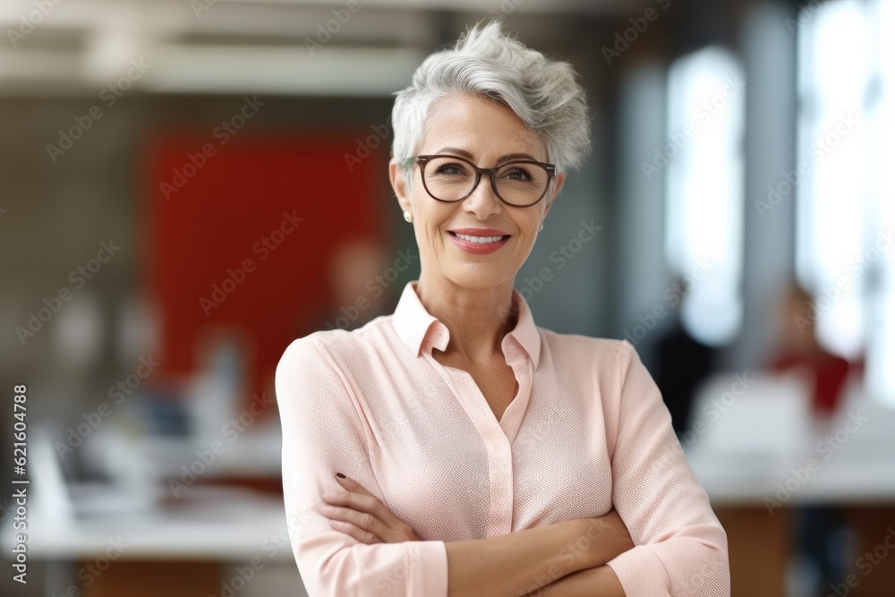 Confident senior business woman standing with crossed hands in financial building.