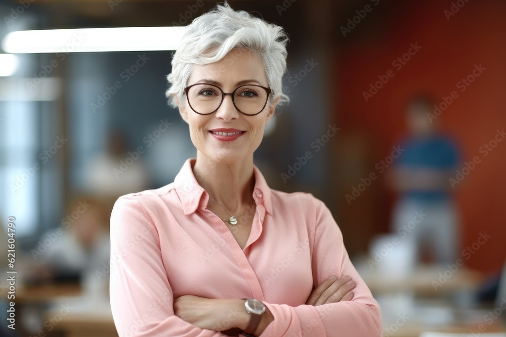 Confident senior business woman standing with crossed hands in financial building.