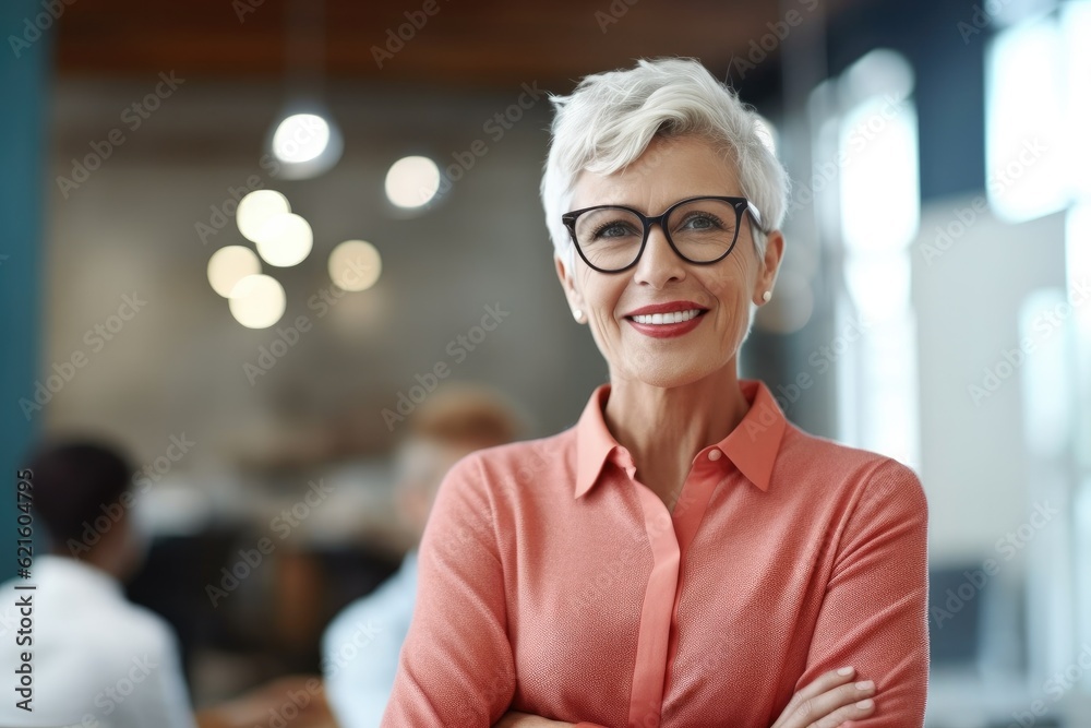 Confident senior business woman standing with crossed hands in financial building.