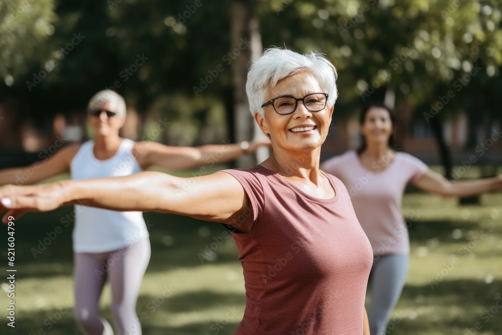 Portrait of smiling senior woman enjoying sports workout outdoors in morning.